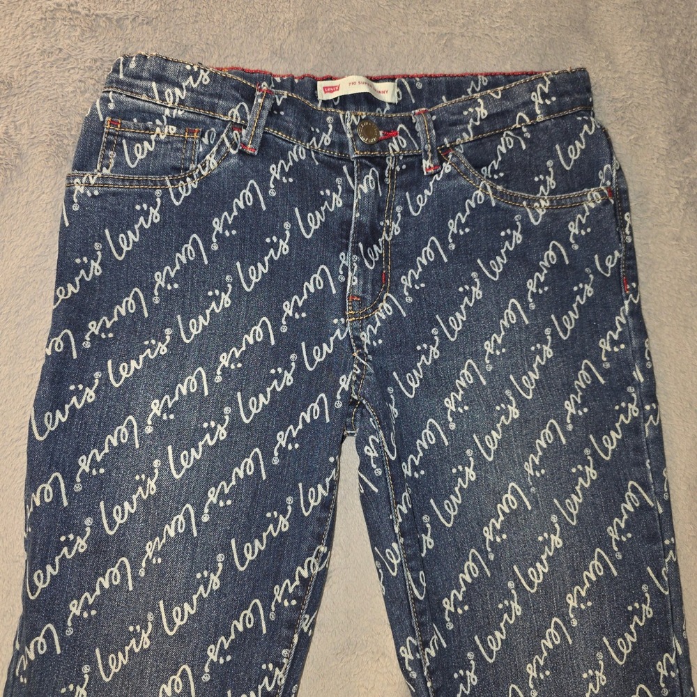 Levis Kids 710 Super Skinny Jeans Blue All Over Logo Print Size 14 Regular
